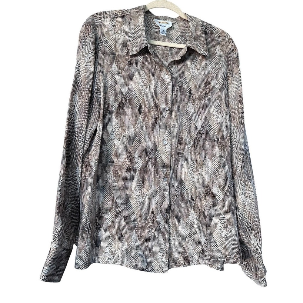 Talbots Pure Silk Blouse Sz 18 Button Up Animal Geometric Long Sleeve Old Money
